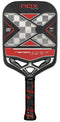 The NOX Luxury Nerbo Pickleball Paddle features a carbon fibre build with a black, red, and gray design, a large X pattern, checkered texture, and a handle wrapped in black grip tape with red "NOX" logos.