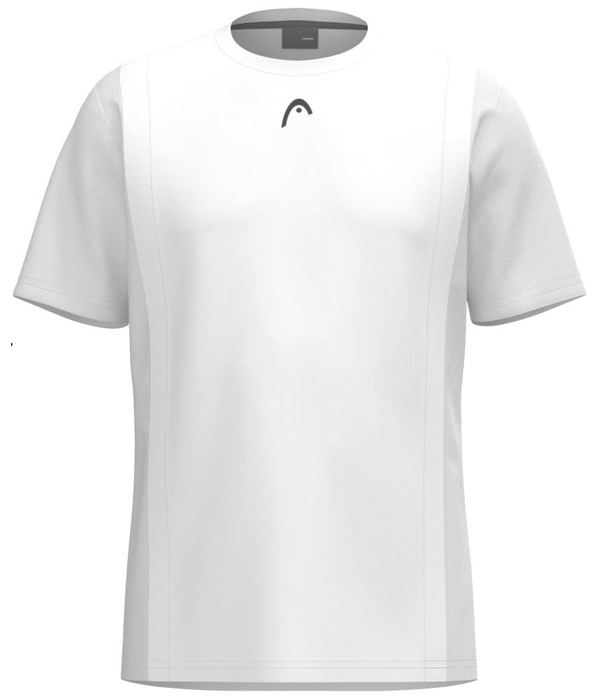 The HEAD Club Tech 25 Men's Tennis T-Shirt in white is an athletic tee with short sleeves, a dark chest logo, and subtle side panel detailing. Its Moisture Transfer Microfiber offers a sleek, breathable design ideal for sports or casual wear.
