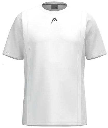 The HEAD Club Tech 25 Men's Tennis T-Shirt in white is an athletic tee with short sleeves, a dark chest logo, and subtle side panel detailing. Its Moisture Transfer Microfiber offers a sleek, breathable design ideal for sports or casual wear.
