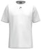 The HEAD Club Tech 25 Men's Tennis T-Shirt in white is an athletic tee with short sleeves, a dark chest logo, and subtle side panel detailing. Its Moisture Transfer Microfiber offers a sleek, breathable design ideal for sports or casual wear.