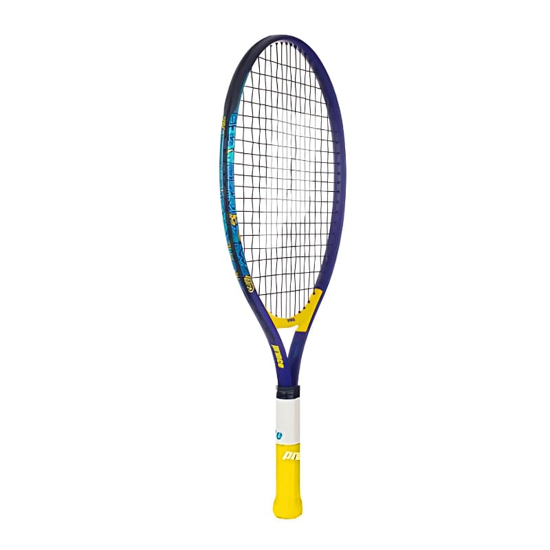 The Prince Ace/Face 21 2025 Junior Blue/Yellow Tennis Racket by Prince features a lightweight aluminum frame, white grip, and black strings—perfect for beginners or junior players. Displayed upright against a white background.