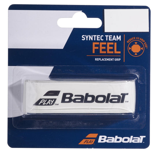 The Babolat Syntec Team X1 Replacement Tennis Grip - White comes in a package that mainly showcases a blue design, with a white area highlighting the Babolat logo and essential product information. An orange circular icon emphasizes its reduced grip size, which improves racket feedback thanks to the innovative Syntec Team X1 design.