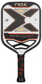 The NOX Pro Evo Pickleball Paddle by NOX boasts a striking black, white, and red look with a large “X” design and textured grip. Its carbon fiber build provides serious players with superior control and spin on the court.