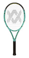 The Volkl Vostra V4 Tennis Racket by Volkl showcases an elegant green and black design with a black grip, complemented by a prominent logo on the strings. Its frame combines straight and curved lines for a contemporary look, while the tightly woven strings deliver superior high-performance control with a remarkable Catapult Effect.