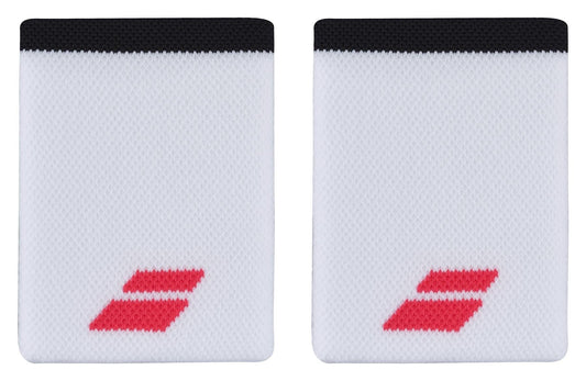The Babolat Jumbo Logo Wristband in White and Strike Red includes two white wristbands, each adorned with a small red double-chevron logo near the bottom. The top edge is accentuated with a black trim. Made from absorbent material, these wristbands feature a textured pattern to enhance comfort.