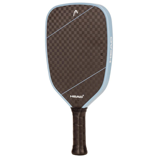 The HEAD Gravity Tour 2025 Pickleball Paddle features a dark checkered 12k raw carbon surface, light blue edges, and a black handle, with the "HEAD" logo near the top and bottom for a control-focused playing experience.