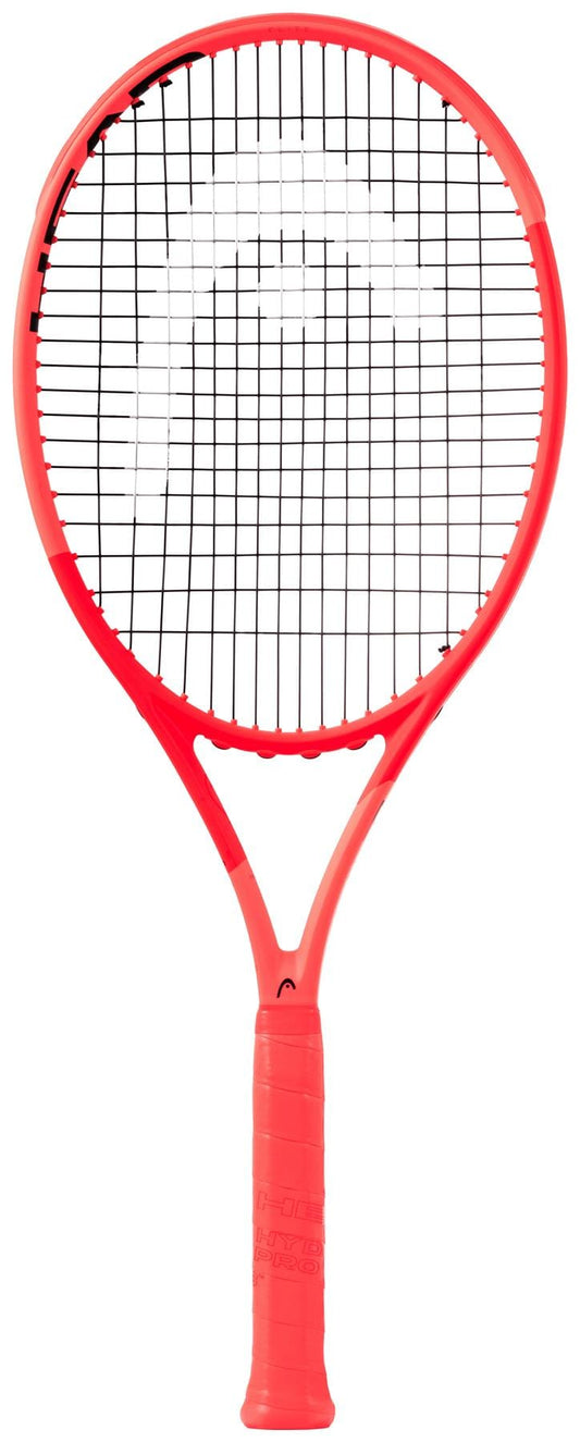 The HEAD Radical Elite 2025 Tennis Racket, in bright red with black strings and a matching handle, is shown on a plain white background—a lightweight racket from HEAD that's ideal for beginners.