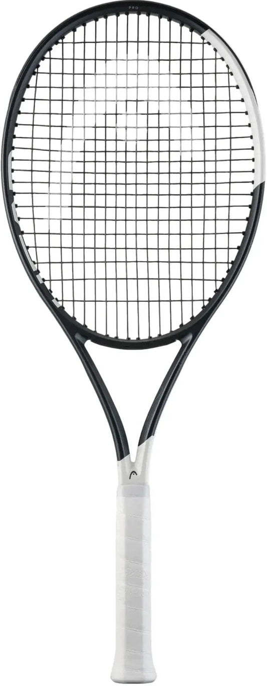 The HEAD Speed Pro 2026 Tennis Racket by HEAD, in black and white with a white grip, is designed for advanced players seeking controlled power and is shown against a plain white background.