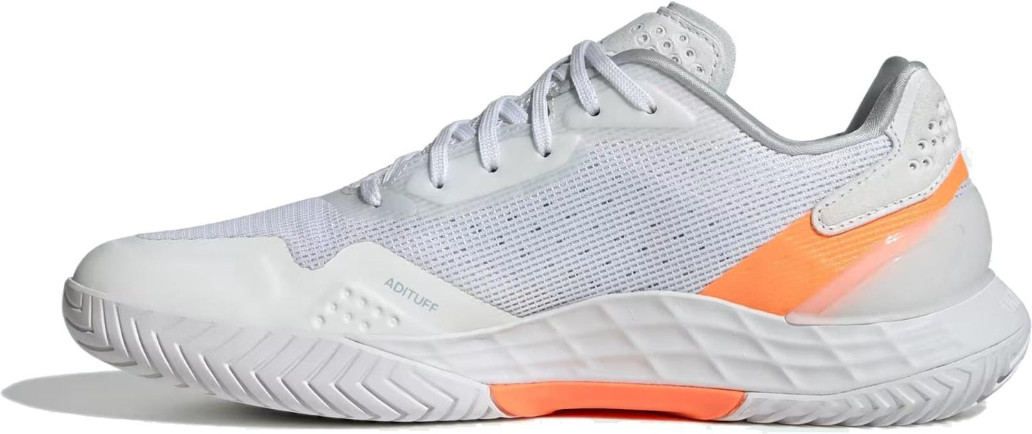 The adidas ADIDAS Defiant Speed 2 Women's Tennis Shoes in Cloud White, Halo Blue, and Beam Orange feature a mesh upper, textured sole, and "ADITUFF" branding. Shown left side view on a white background.
