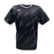 The Yonex YTM8 Men's Tennis T-Shirt in Black/Silver features breathable, moisture-wicking polyester with abstract gray lightning patterns on black. It has a white neckline and a small white logo on the upper left chest.