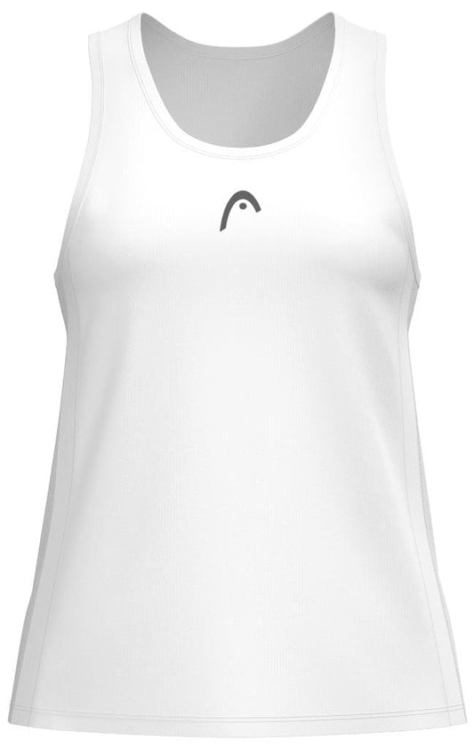 The HEAD Club 25 Tech Women's Tennis Tank Top in white features a sleek design with a small logo on the chest. Made with moisture-wicking microfiber, it ensures comfort during intense matches.