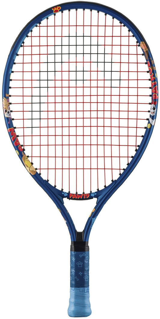 The HEAD x Paw Patrol 19 Junior Blue Tennis Racket features red strings, cartoon Paw Patrol graphics on the frame, and a blue grip with lighter patterns—making it ideal for young tennis players.