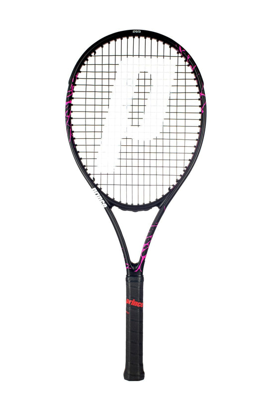 The Prince Beast Pink 100 265g tennis racket, characterized by its distinct design, features a TeXtreme X Twaron enhanced grip handle. The brand name, Prince, is clearly displayed near the handle against a plain white background.