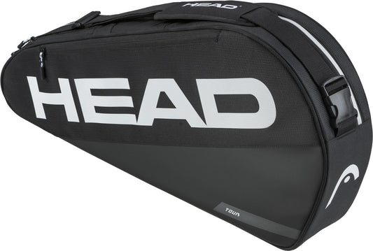 The HEAD Tour 3 Racket Tennis Bag S - Black displays a large white HEAD logo and a small TOUR label, featuring a zippered compartment and a top carrying handle.