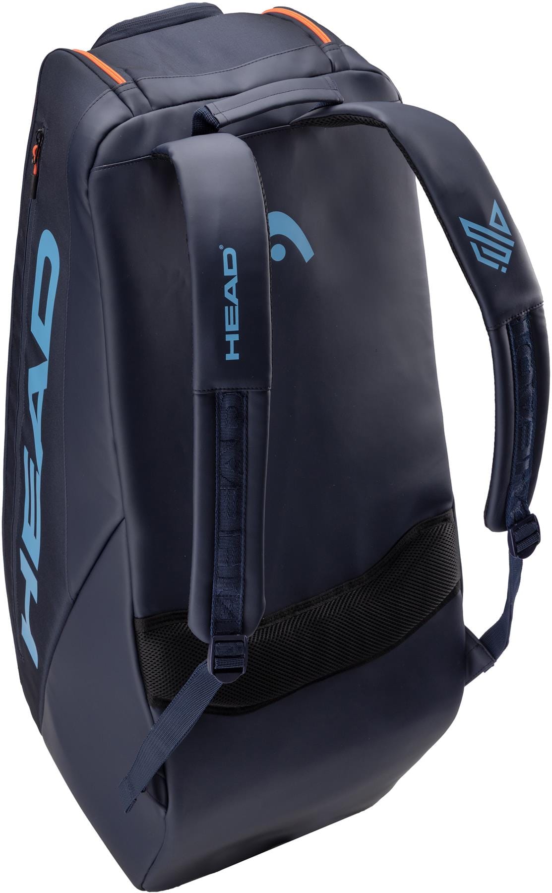 The HEAD Pro 9 Racket Tennis Bag L - Navy features padded shoulder straps, light blue HEAD branding, and orange accents—drawing inspiration from classic tennis bags—perfect for sports or travel.