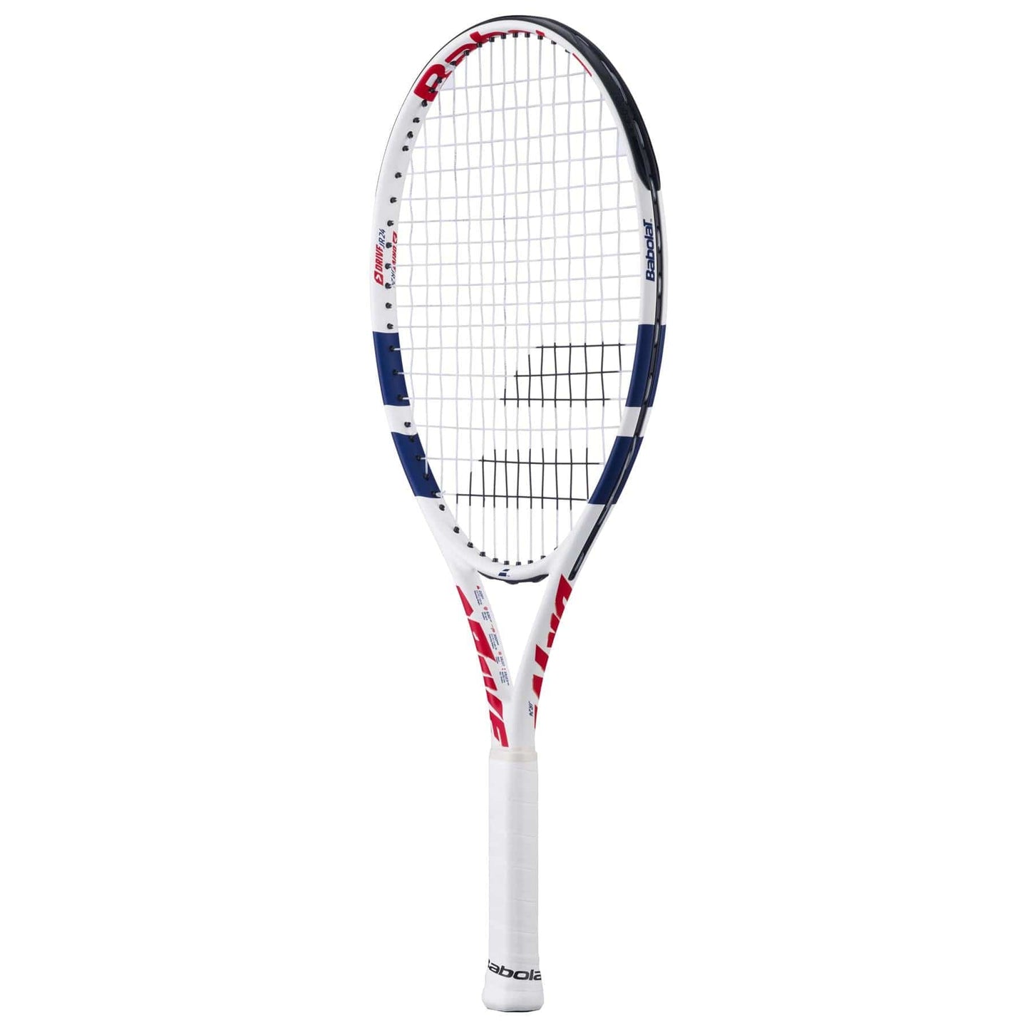 The Babolat Drive Junior 24 Tennis Racket by Babolat features a white frame with blue and red accents, a black logo on the strings, and a white grip. This kids' racket is shown upright against a plain white background.
