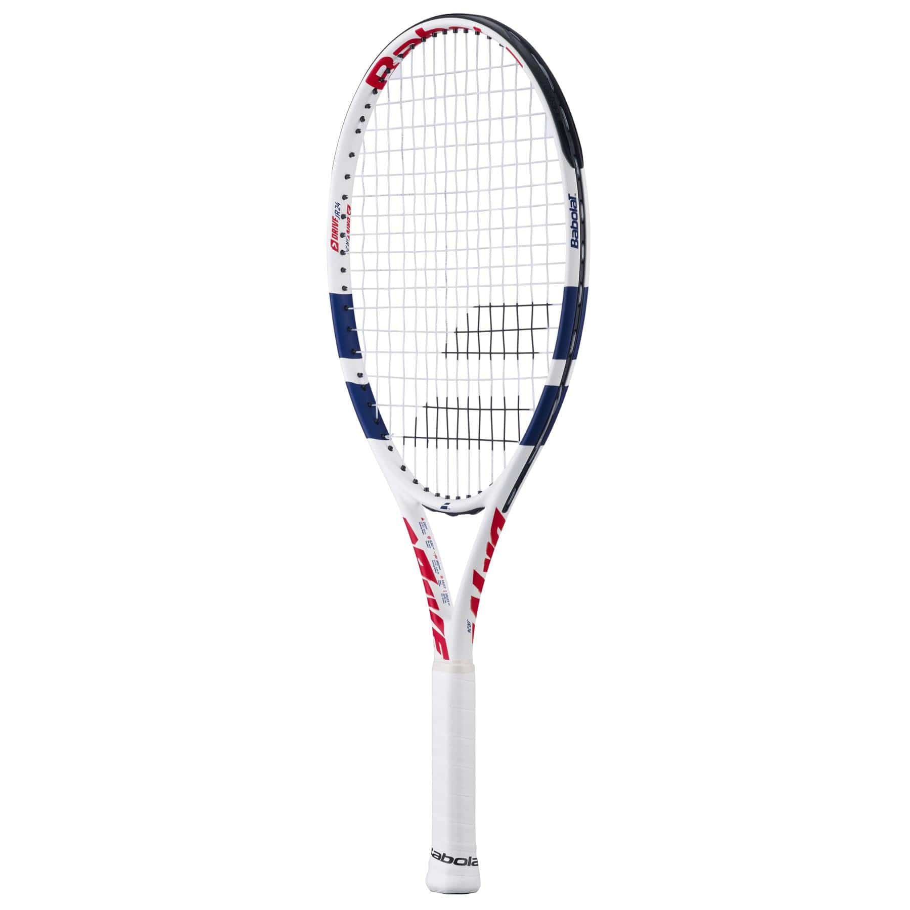 The Babolat Drive Junior 24 Tennis Racket by Babolat features a white frame with blue and red accents, a black logo on the strings, and a white grip. This kids' racket is shown upright against a plain white background.