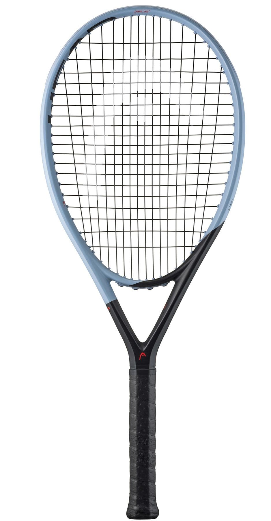 The HEAD Instinct PWR 2025 Tennis Racket by HEAD features a blue and black frame, black grip, black strings, and teardrop-shaped head. Lightweight and ideal for intermediate club players, it’s shown upright against a white background.