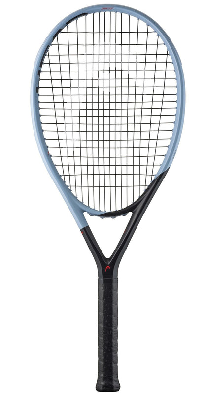 The HEAD Instinct PWR 2025 Tennis Racket by HEAD features a blue and black frame, black grip, black strings, and teardrop-shaped head. Lightweight and ideal for intermediate club players, it’s shown upright against a white background.