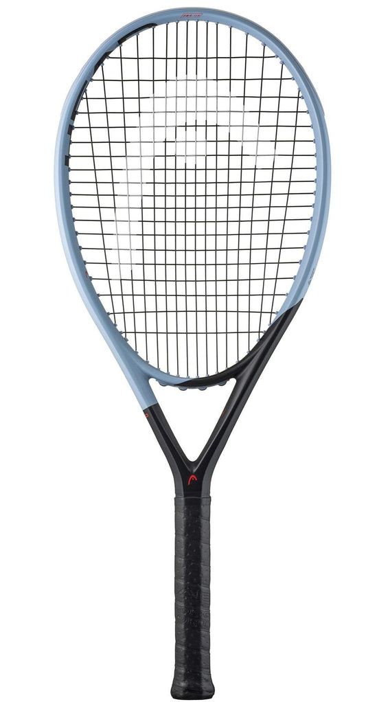 The HEAD Instinct PWR 2025 Tennis Racket by HEAD features a blue and black frame, black grip, black strings, and teardrop-shaped head. Lightweight and ideal for intermediate club players, it’s shown upright against a white background.