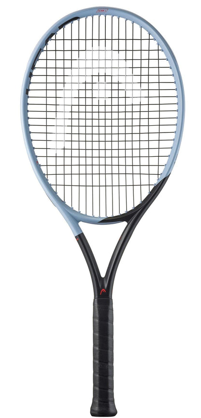 The HEAD Instinct Team L 2025 Tennis Racket by HEAD features a light blue frame, black throat, handle, and strings, offering effortless power and shown against a white background.