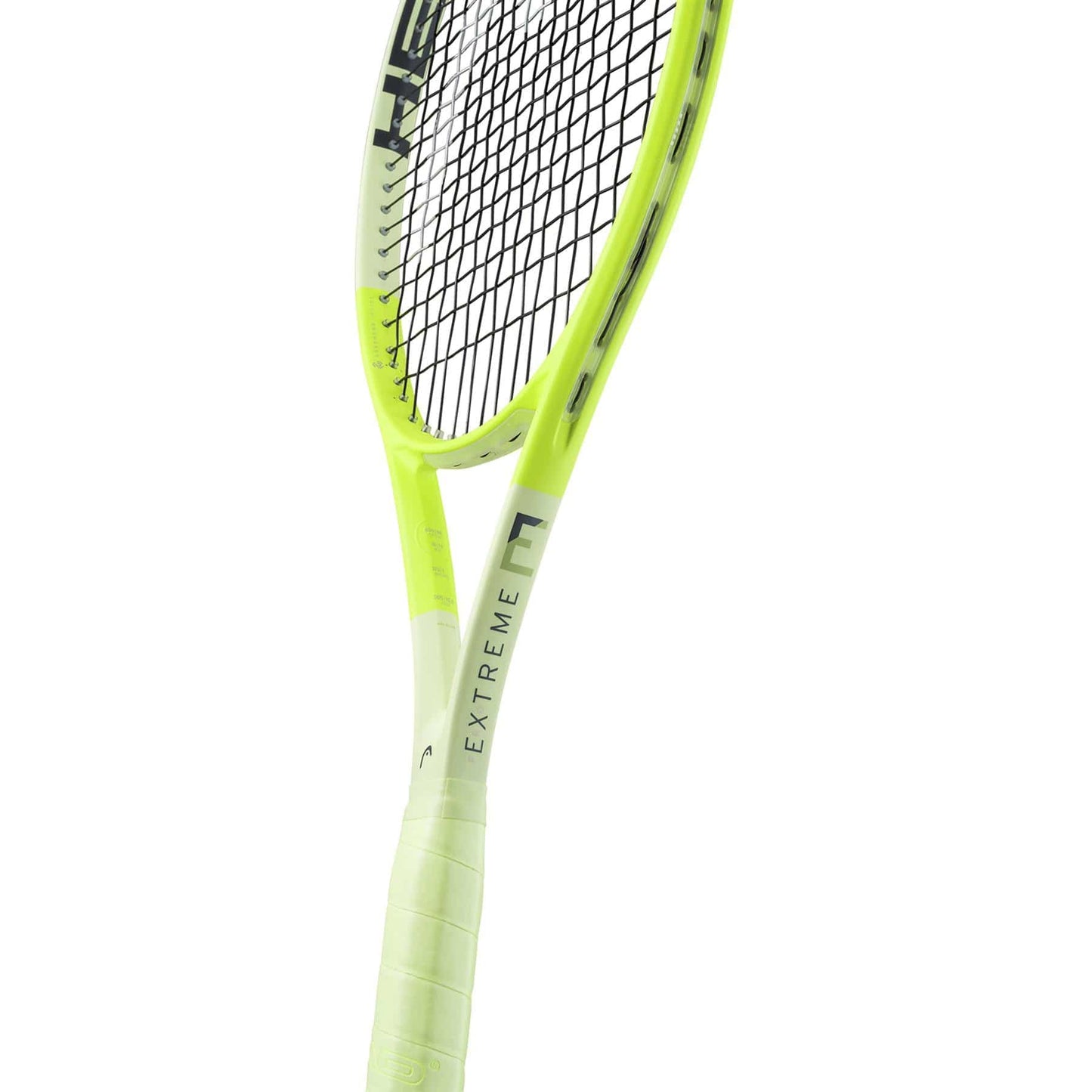 A close-up of the HEAD Extreme Pro 2024 Tennis Racket in neon yellow and black, showcasing "EXTREME" on the frame, with focus on its handle, throat, and stringed head designed for advanced spin.