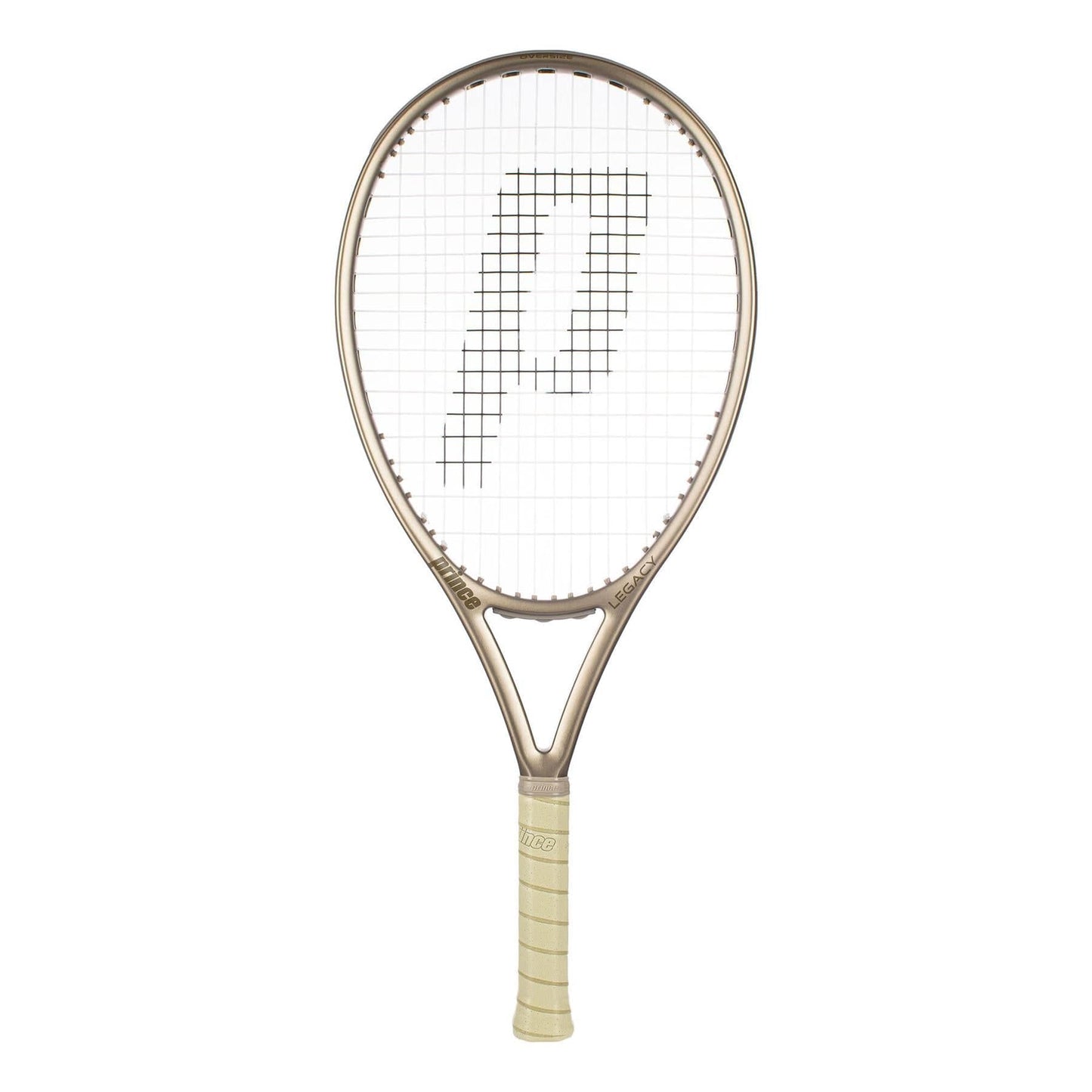 The Prince O3 Legacy 120 2025 Tennis Racket by Prince is beige with a metallic finish, features a large “P” on the strings, TeXtreme technology, large sweetspot, light grip, and is shown against a white background.