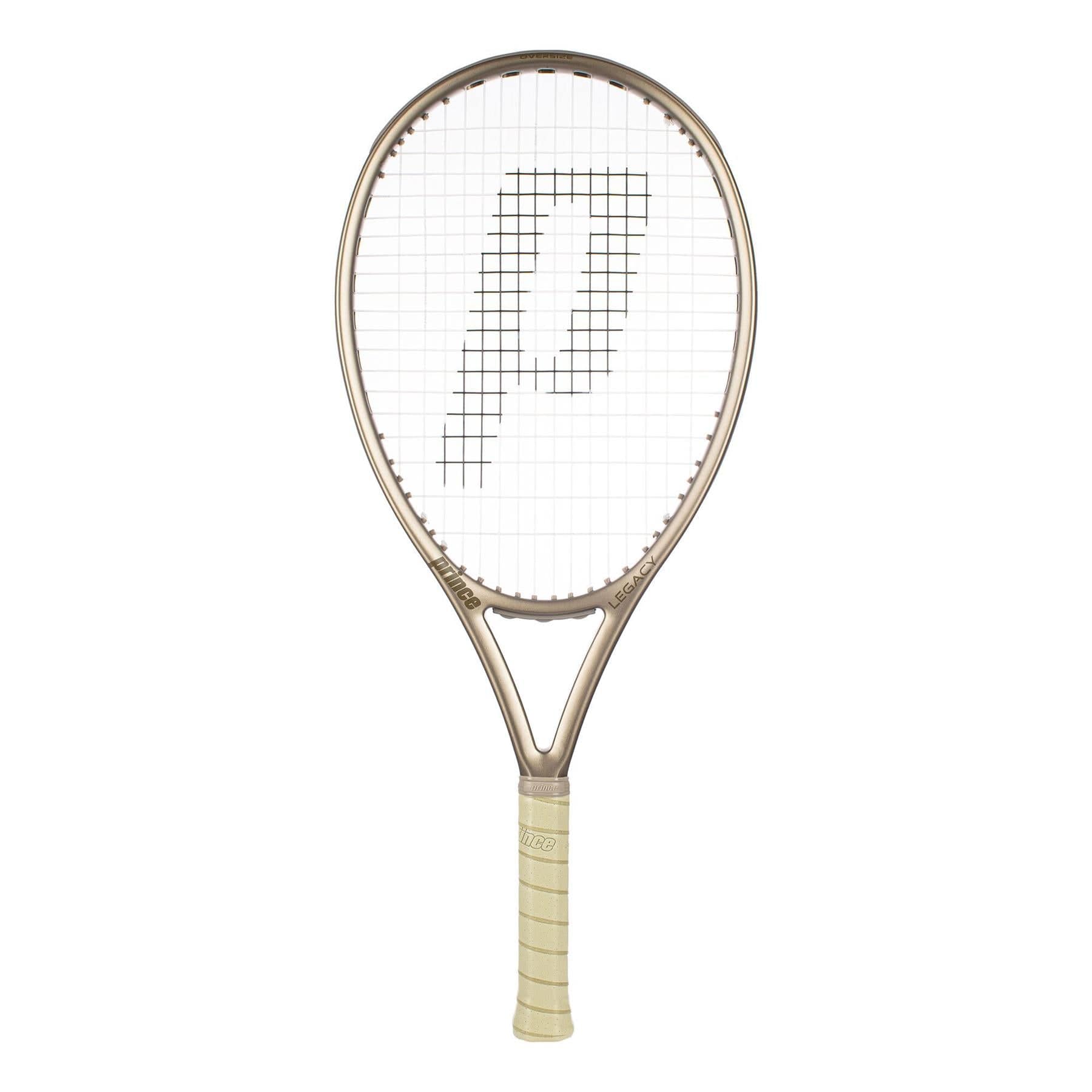 The Prince O3 Legacy 120 2025 Tennis Racket by Prince is beige with a metallic finish, features a large “P” on the strings, TeXtreme technology, large sweetspot, light grip, and is shown against a white background.