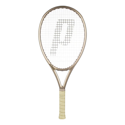 The Prince O3 Legacy 120 2025 Tennis Racket by Prince is beige with a metallic finish, features a large “P” on the strings, TeXtreme technology, large sweetspot, light grip, and is shown against a white background.