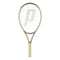 The Prince O3 Legacy 120 2025 Tennis Racket by Prince is beige with a metallic finish, features a large “P” on the strings, TeXtreme technology, large sweetspot, light grip, and is shown against a white background.