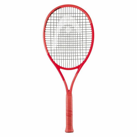 A HEAD Radical Team L 2025 Tennis Racket in red with a black string pattern, designed for all-court players, is displayed against a plain white background.