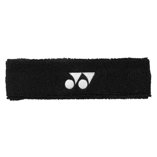 The Yonex AC259 Headband in black, showcasing a white logo with two triangles and a circle, is made from a soft, sweat-absorbing material. Its anti-bacterial fabric provides comfort and hygiene during intense workouts.