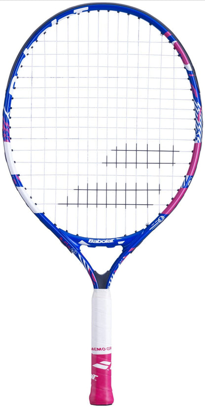 The Babolat B-Fly 21 Junior Tennis Racket features a blue, white, and pink design with a white grip, pink overgrip, and white strings—ideal for beginner players. Brand logos appear on the handle and frame.