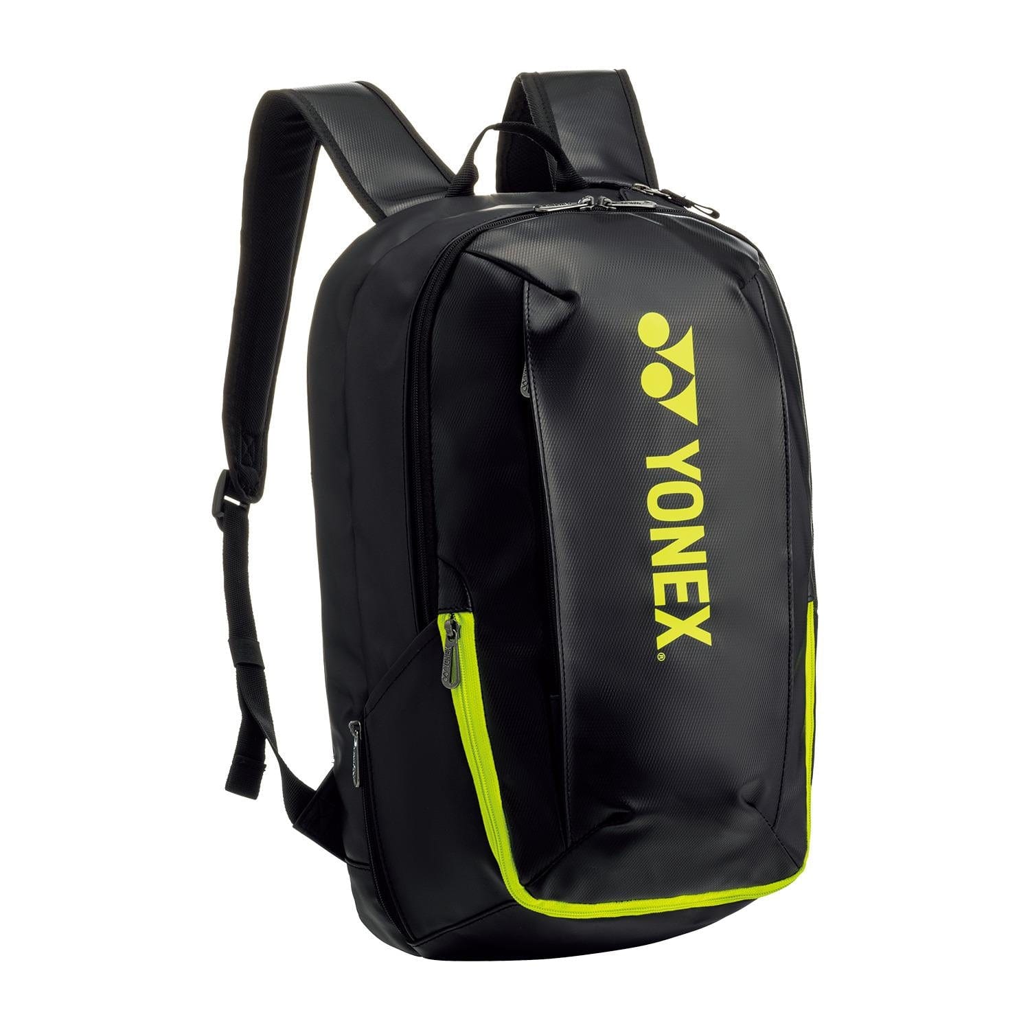 The Yonex 82412EX Active Tennis Backpack in Black/Lime features multiple zippered compartments, including a front pocket and main section, a separate shoe compartment, sturdy straps, and a padded back for comfort.