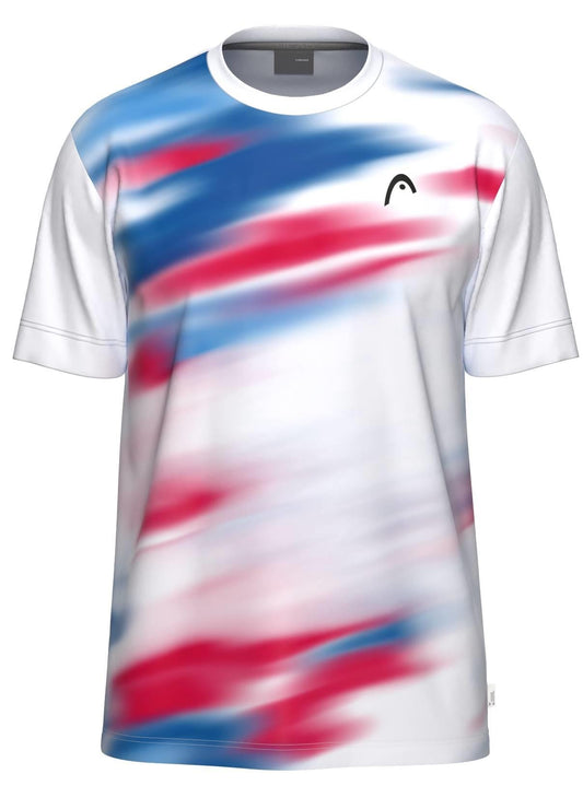The HEAD Blur Men's Tennis T-Shirt - ROXU by HEAD is a white short-sleeve tee with red, blue, and light blue abstract streaks on the front, a black elliptical logo on the left chest, and moisture-wicking fabric for all-day comfort.