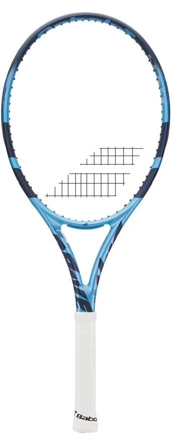 The Babolat Pure Drive Team 2025 Tennis Racket by Babolat, in blue and black with a white grip, stands upright against a white background. Designed for intermediate players, it features geometric patterns and comes unstrung.