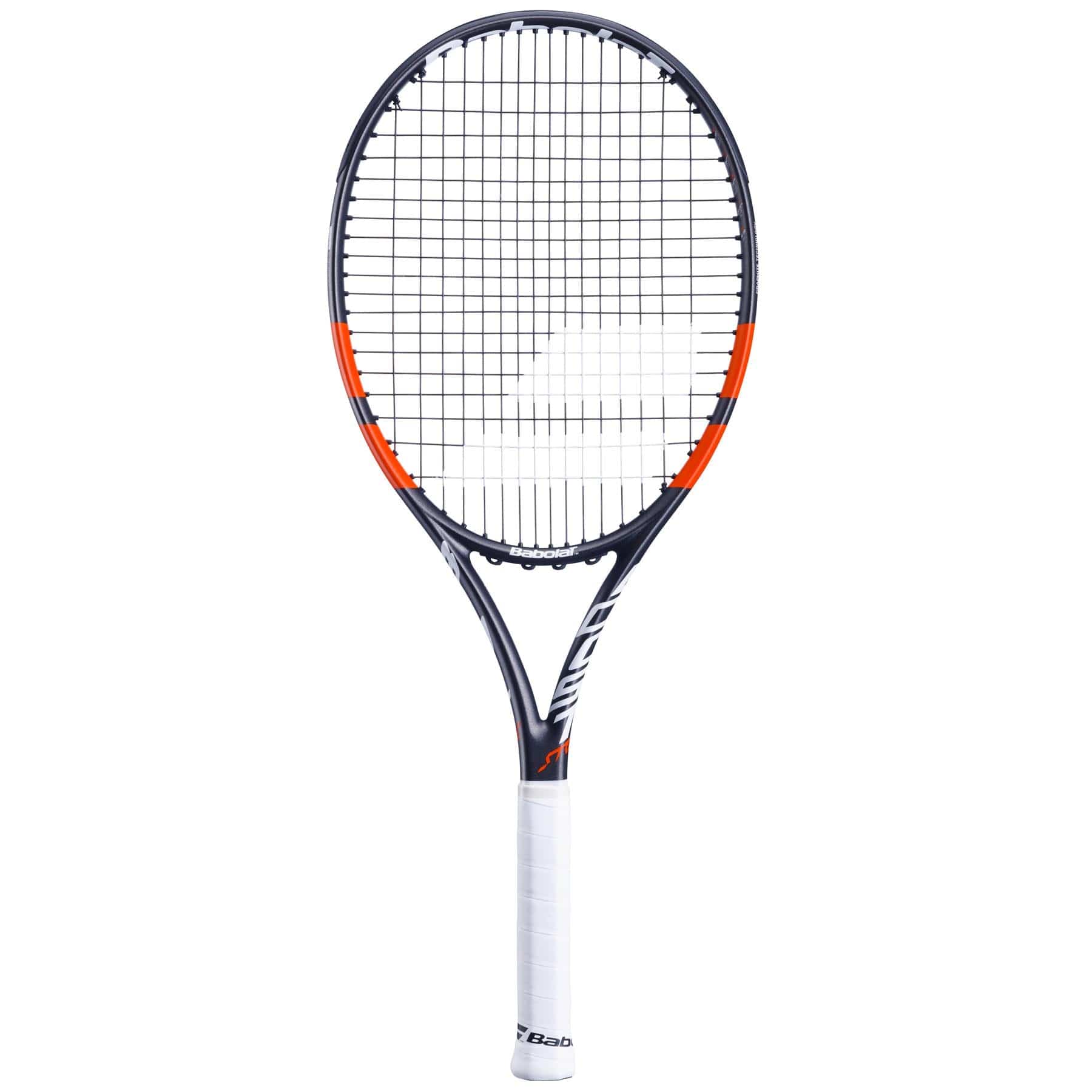 The Babolat Boost Strike 2024 Tennis Racket features a sleek grey frame with striking red accents and a white grip. Engineered for optimal power, its contemporary design highlights a visible string pattern adorned with prominent Babolat branding on the frame.