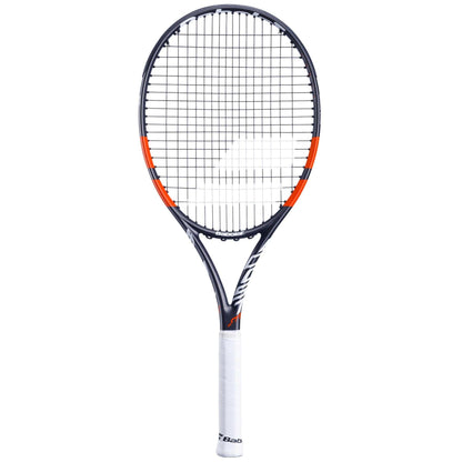 The Babolat Boost Strike 2024 Tennis Racket features a sleek grey frame with striking red accents and a white grip. Engineered for optimal power, its contemporary design highlights a visible string pattern adorned with prominent Babolat branding on the frame.