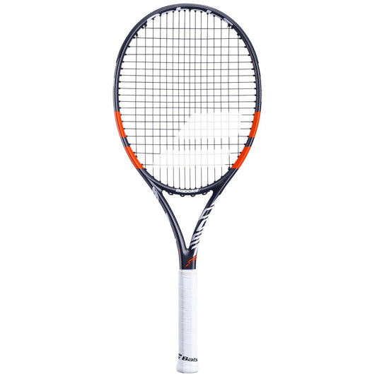 The Babolat Boost Strike 2024 Tennis Racket features a sleek grey frame with striking red accents and a white grip. Engineered for optimal power, its contemporary design highlights a visible string pattern adorned with prominent Babolat branding on the frame.