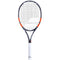 The Babolat Boost Strike 2024 Tennis Racket features a sleek grey frame with striking red accents and a white grip. Engineered for optimal power, its contemporary design highlights a visible string pattern adorned with prominent Babolat branding on the frame.