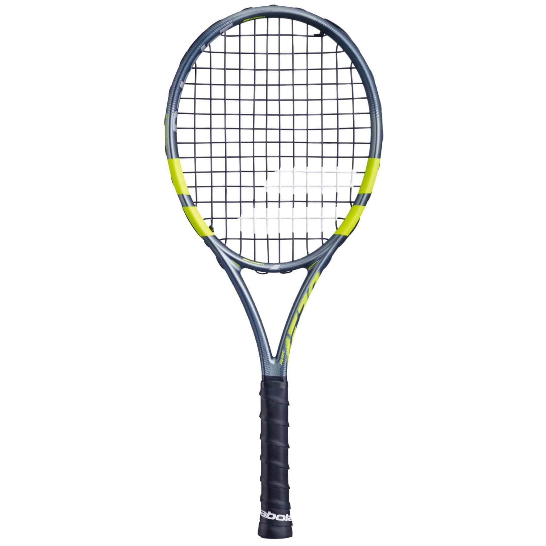The Babolat Mini Pure Aero 2026 Tennis Racket features a gray and yellow design with black strings and grip, displayed on a white background.
