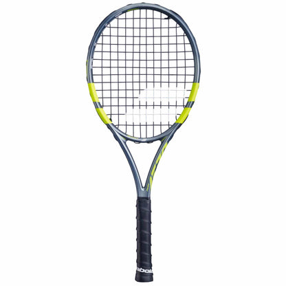 The Babolat Mini Pure Aero 2026 Tennis Racket features a gray and yellow design with black strings and grip, displayed on a white background.