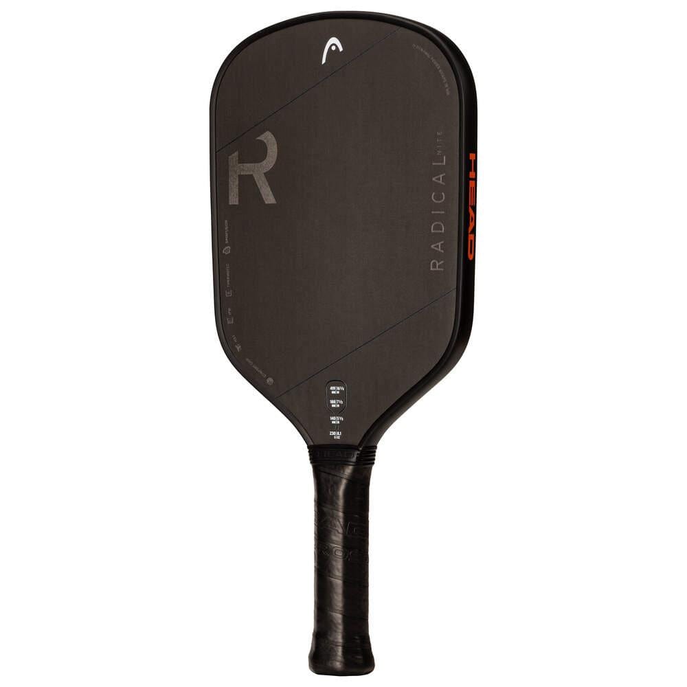 The HEAD Radical Nite Pickleball Paddle is black with SpinFusion technology, a textured face, rounded corners, a tapered handle with black grip tape, and displays "RADICAL" and "HEAD" on the paddle.