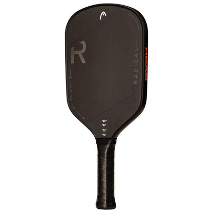 The HEAD Radical Nite Pickleball Paddle is black with SpinFusion technology, a textured face, rounded corners, a tapered handle with black grip tape, and displays "RADICAL" and "HEAD" on the paddle.