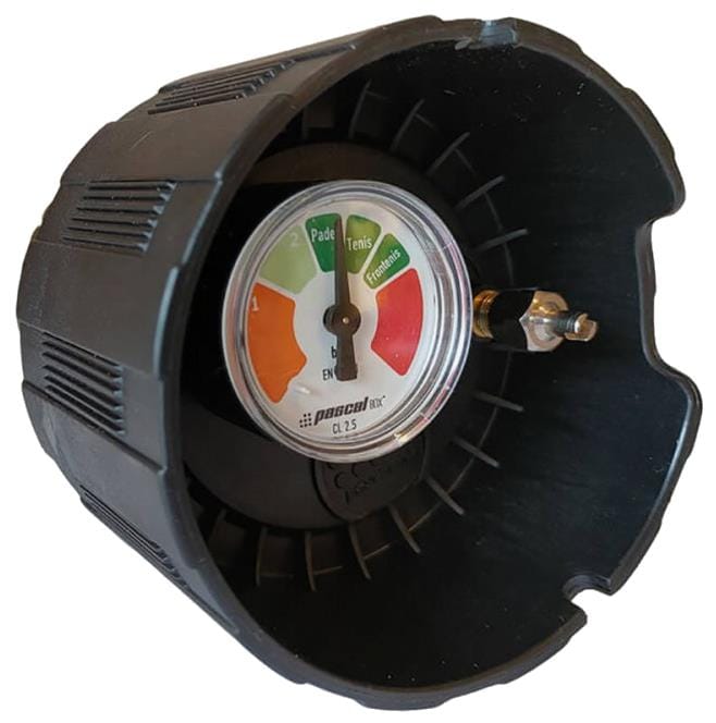 A close-up of a pressure gauge inside a black Bullpadel Pascal Tennis Ball Pressuriser - 4 Ball Tube, showing colored sections for padel, tennis, and pressurization in green, orange, and red.