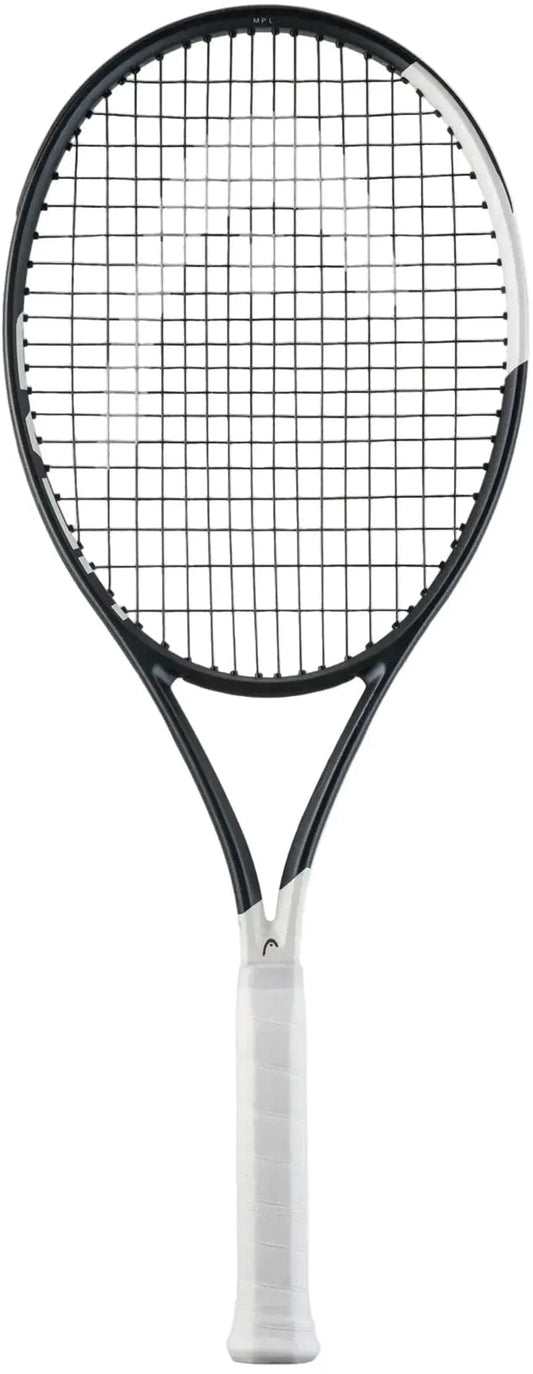 The HEAD Speed MP L 2026 Tennis Racket by HEAD features a black and white design, a white grip, and advanced Auxetic 2.0 technology, shown on a plain white background.