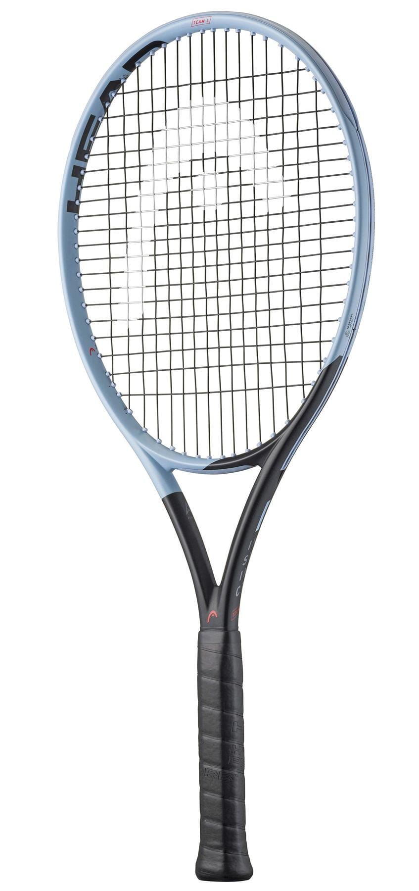 The HEAD Instinct Team L 2025 Tennis Racket in blue and black, featuring a black grip and white strings, stands upright against a white background with the HEAD logo visible on top, designed to deliver effortless power.