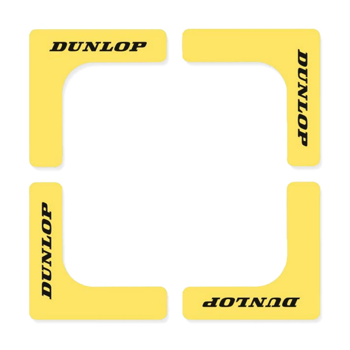 Dunlop Tennis Court Edge - Yellow (8 Pack) vibration dampeners, crafted in the shape of corner brackets from non-slip rubber, are arranged to form a square and feature the Dunlop brand name printed in black on each piece.
