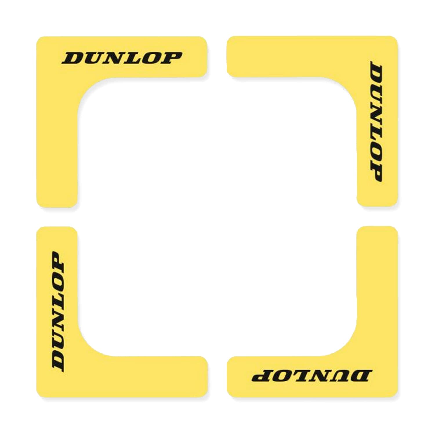 Dunlop Tennis Court Edge - Yellow (8 Pack) vibration dampeners, crafted in the shape of corner brackets from non-slip rubber, are arranged to form a square and feature the Dunlop brand name printed in black on each piece.