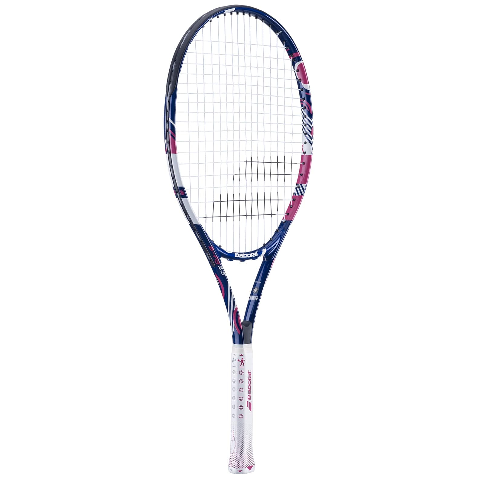 The Babolat B-Fly 25 Junior Tennis Racket in blue and pink offers a sleek design, perfect for young athletes. Its tightly woven strings and comfortable white grip make it ideal for aspiring champions, while the brand name is prominently displayed on the shaft.